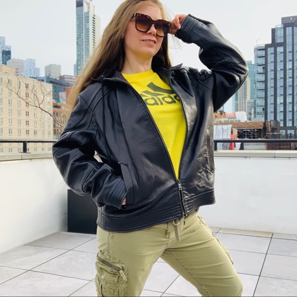 Knoles & Carter Jacket Black Leather Bomber Hoodie - Picture 13 of 16